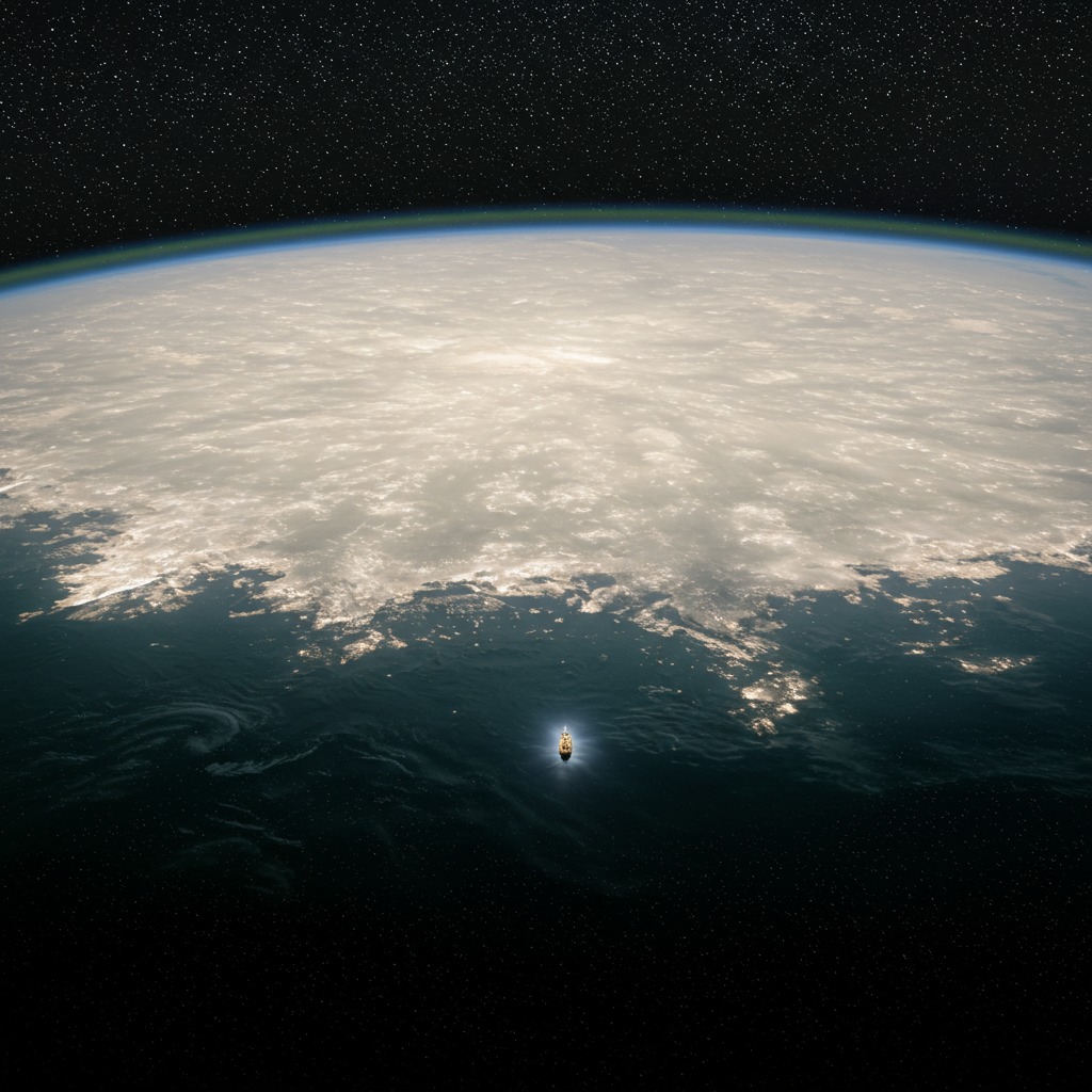 Satellite view of a massive glowing milky sea with a tiny ship below.