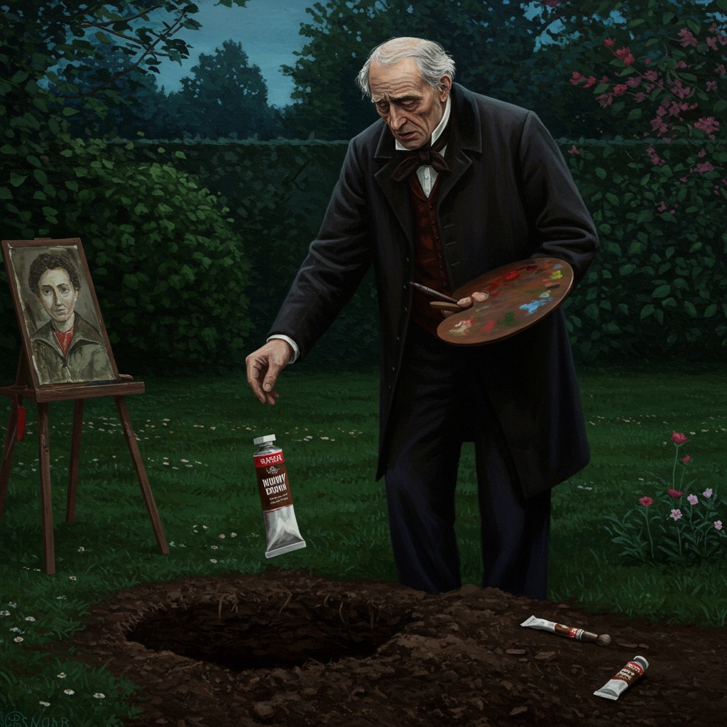 Artist burying a tube of mummy brown paint in a garden.