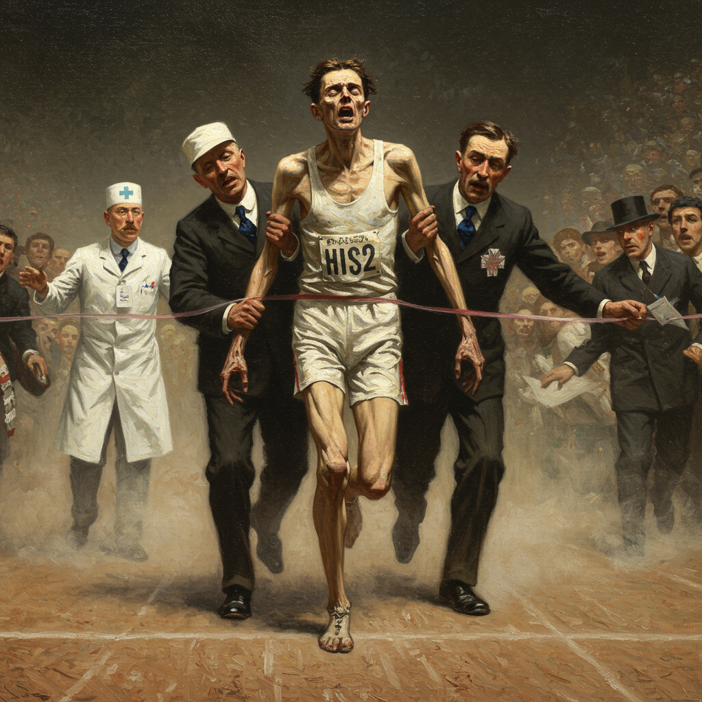 Thomas Hicks nearly dead, carried across the finish line of the 1904 Olympic Marathon.