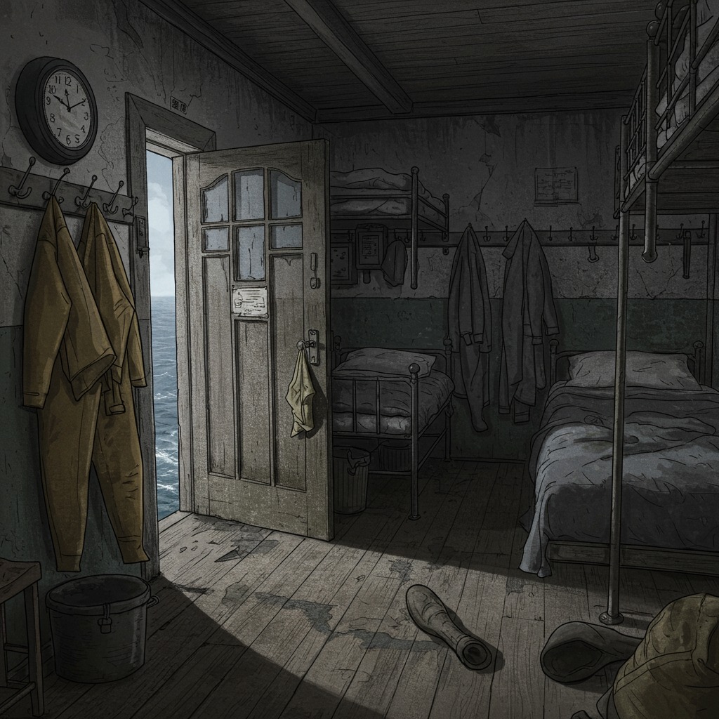 Interior of a lighthouse with a stopped clock and one set of missing oilskins.