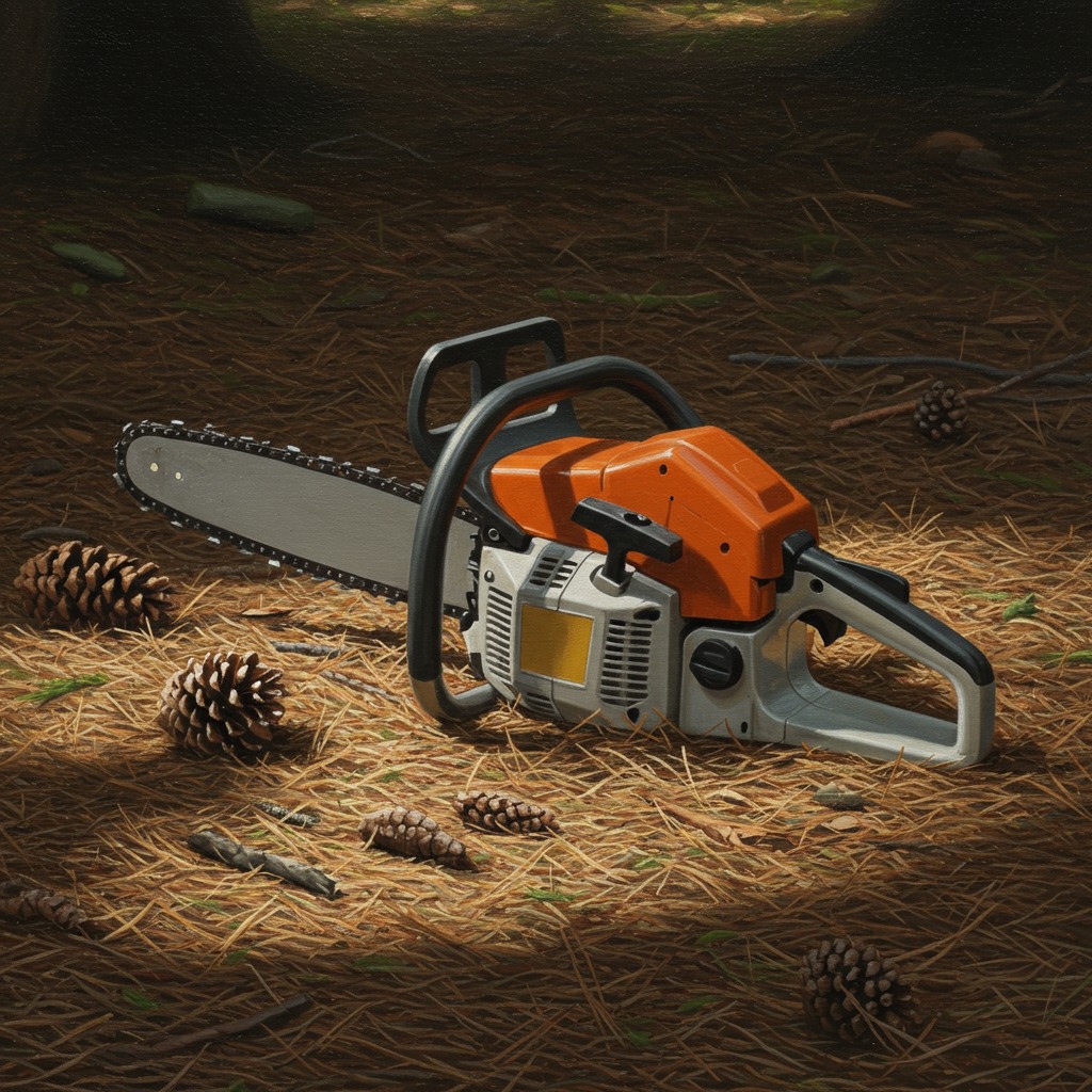 Modern chainsaw on a forest floor, symbolizing its evolution from a medical instrument.