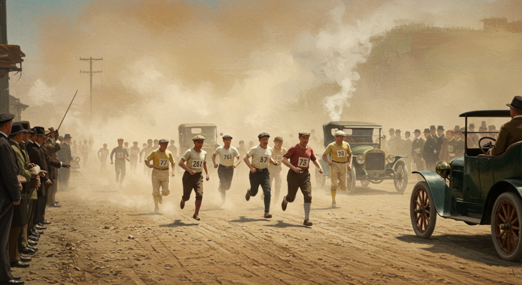 Start of the 1904 St. Louis Olympic Marathon, dusty and chaotic.