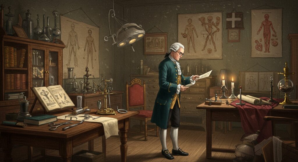 18th-century surgeon performing a brutal childbirth procedure with a flexible saw.