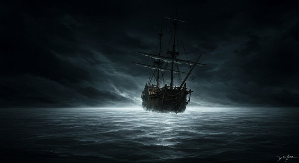 Galleon sails into a vast, glowing milky sea under a dark night sky.