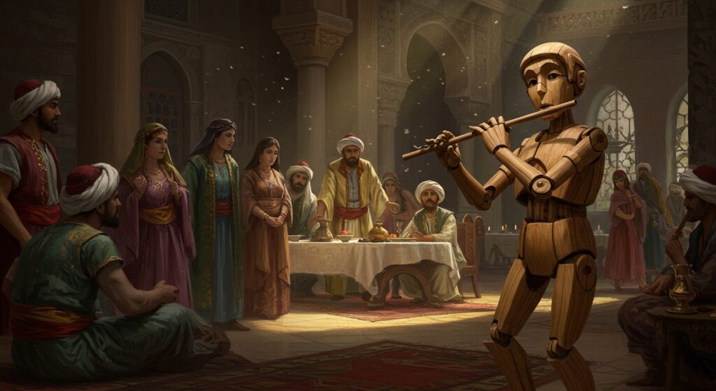 Wooden automaton plays flute in a dimly lit, opulent Baghdad banquet hall as fearful courtiers watch.