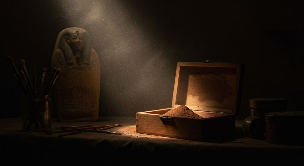 Artist's studio with mummy pigment, dramatic lighting.