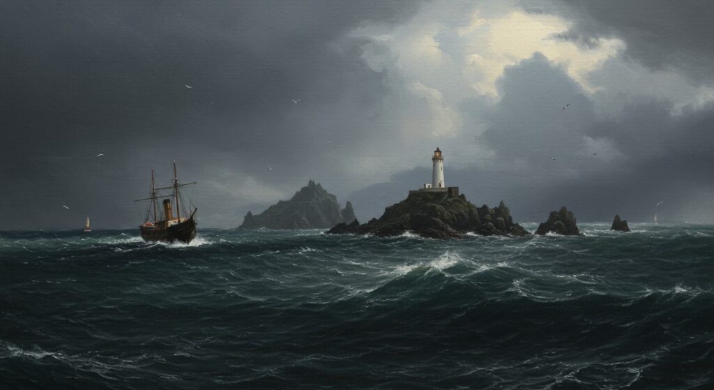 Relief ship approaches a dark, silent lighthouse on a stormy, rocky island.