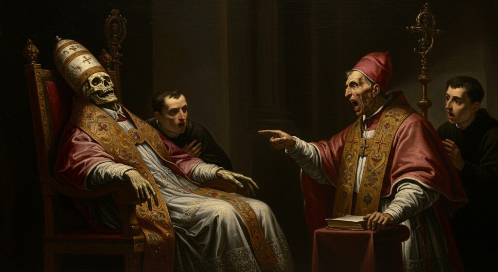 Painting of the Cadaver Synod, a dead Pope on trial.