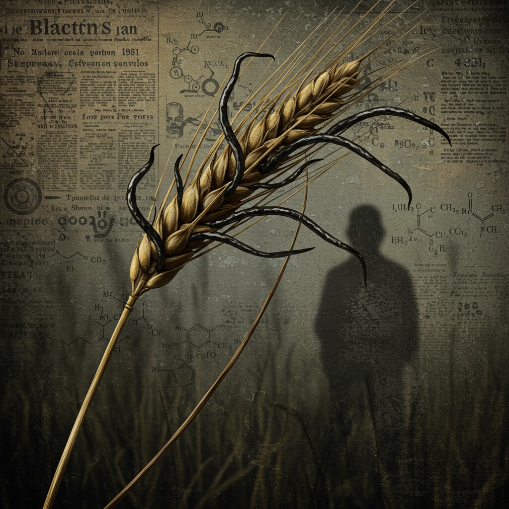 A painting of infected rye grain with a shadowy figure looming in the background.