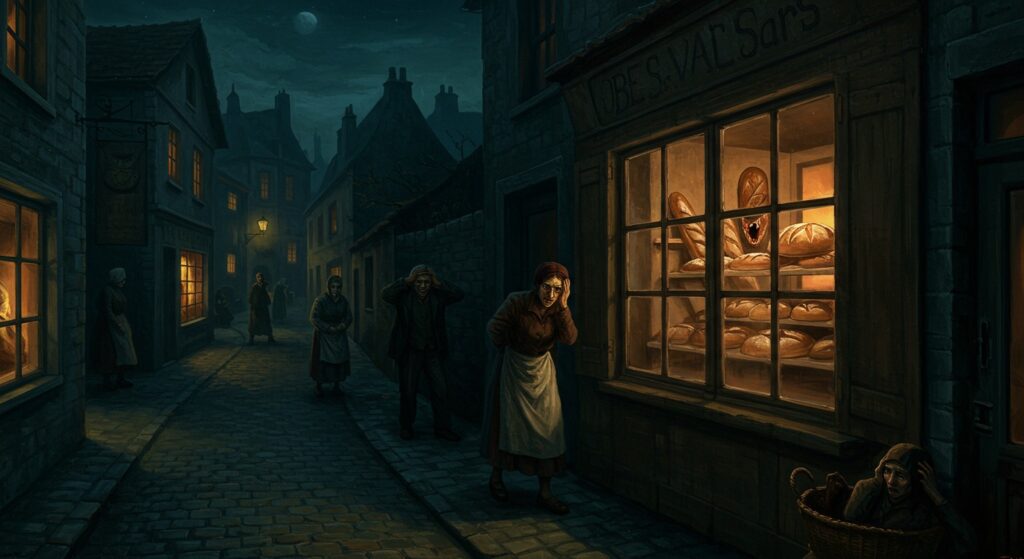 An oil painting of a French village at night, with people suffering from hallucinations near a glowing bakery.
